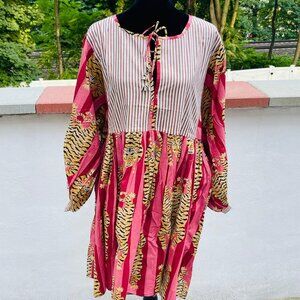 BRAND NEW Hand Block Tiger Print Mini Dress For Women Fall Christmas Dress